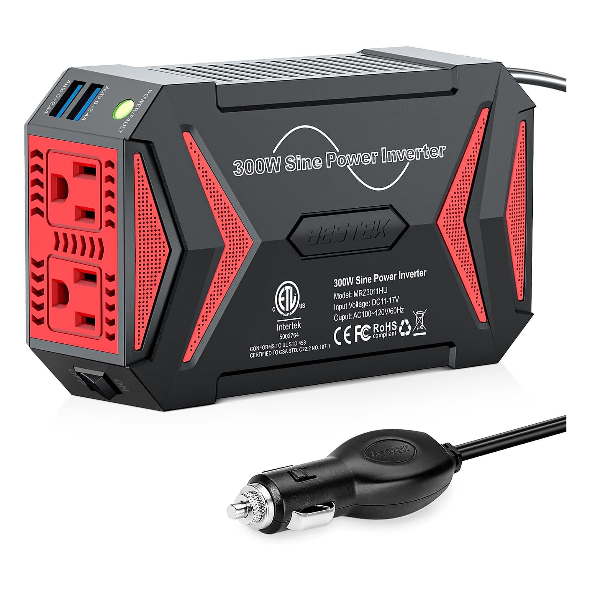 BESTEK 300W Pure Sine Wave Power Inverter 12V to 110V Car Inverter with Dual 2.4A USB Ports and Cigarette Lighter Plug, DC to AC Converter for Car Truck RV Camping