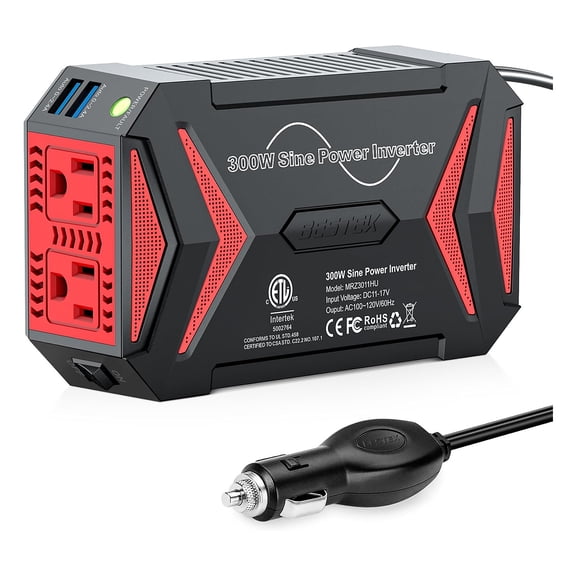 BESTEK 300W Pure Sine Wave Power Inverter 12V to 110V Car Inverter with Dual 2.4A USB Ports and Cigarette Lighter Plug, DC to AC Converter for Car Truck RV Camping