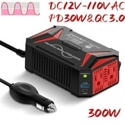 BESTEK 300Watt Pure Sine Wave Power Inverter [30W PD USB-C] Car Adapter DC 12V to AC 110V with QC3.0 USB Ports, Multi-Protection Car Charger Power Inverter for Vehicles
