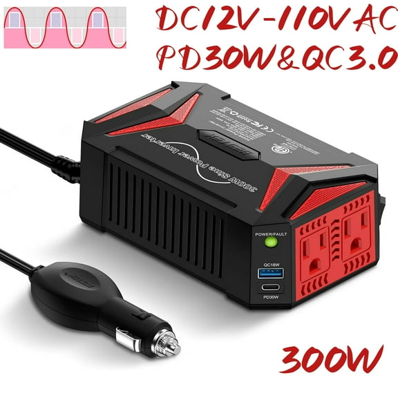 BESTEK 300Watt Pure Sine Wave Power Inverter [30W PD USB-C] Car Adapter DC 12V to AC 110V with QC3.0 USB Ports, Multi-Protection Car Charger Power Inverter for Vehicles