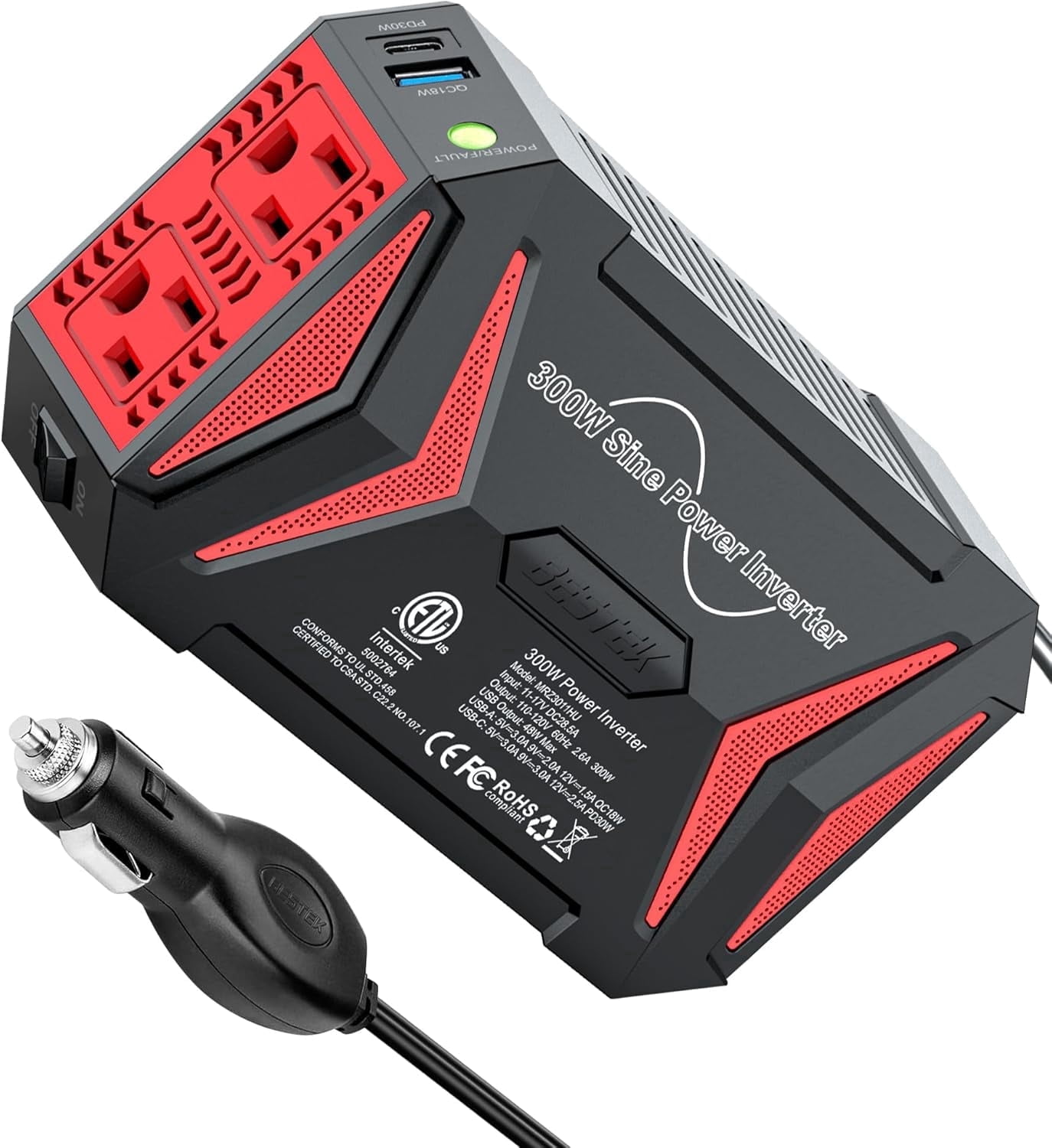 BESTEK 300Watt Pure Sine Wave Power Inverter [30W PD USB-C] Car Adapter DC 12V to AC 110V with QC3.0 USB Ports, Multi-Protection Car Charger Power Inverter for Vehicles