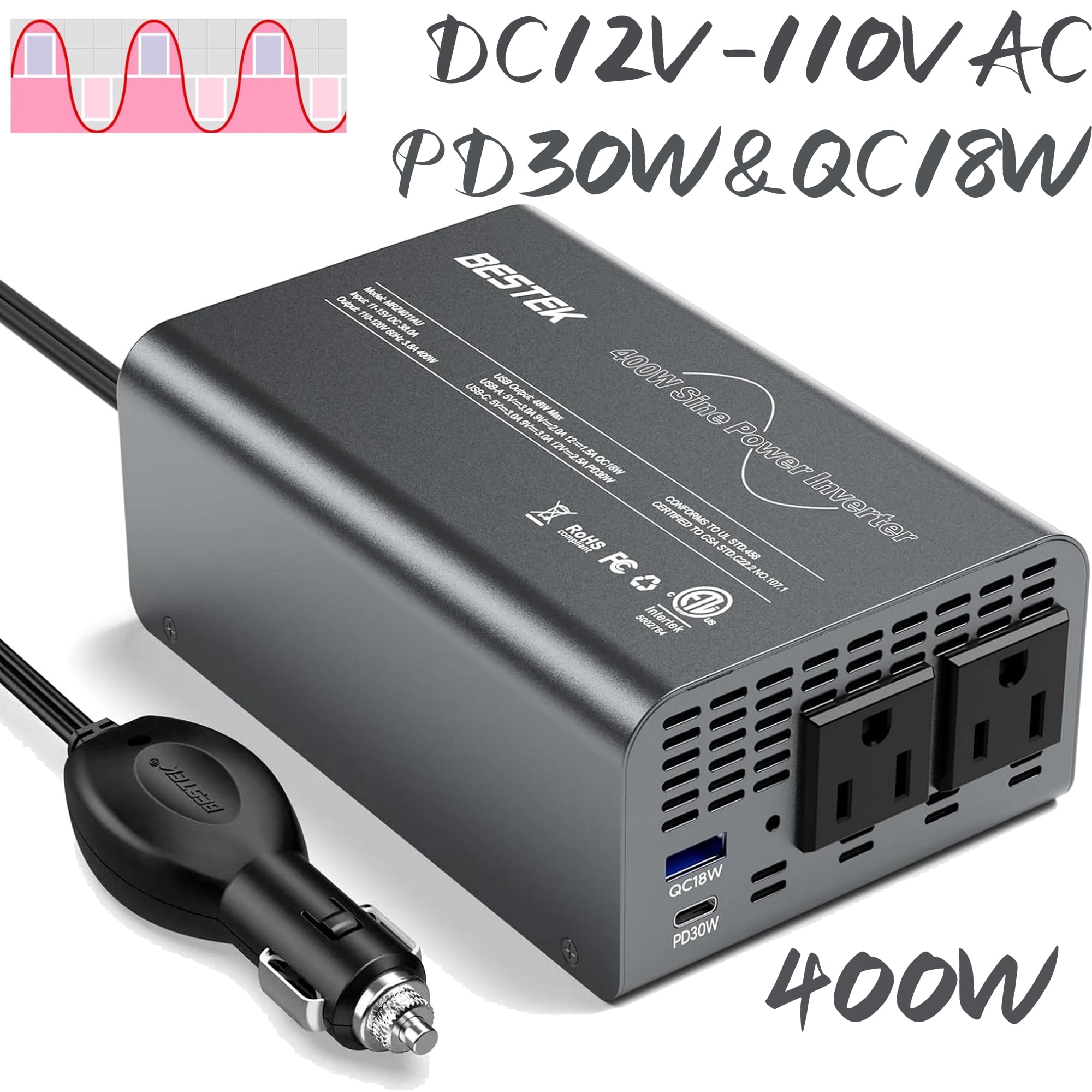BESTEK 400W Pure Sine Wave Car Inverter, DC 12V to 110V AC Converter, 30W USB-C \u0026 18W Fast Charge + Dual AC Outlets, Car Power Adapter for Laptop/Camping/Emergency