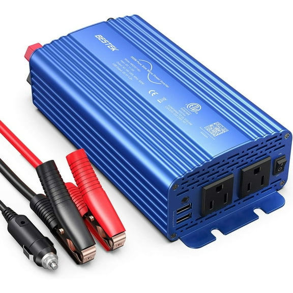 BESTEK 500W Pure Sine Wave Power Inverter DC 12V to AC 110V Car Plug Inverter Adapter Power Converter with 4.2A Dual USB Charging Ports and 2 AC Outlets Car Charger, ETL Listed, Blue