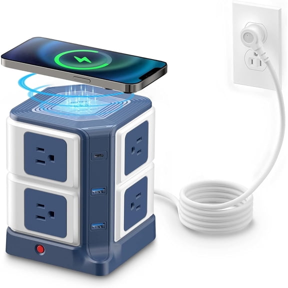 BESTEK 8 Outlet 6 USB Power Strips Tower, Surge Protector with 10W Wireless Charger & PD20W USB C, 4000Joules, 5ft Cord, Blue