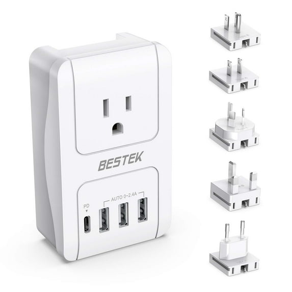 BESTEK International Travel Adapter, 3000W Travel Wall Charger with 4 Usb Ports (1 PD 35W) and 5 Worldwide Wall Plugs for Hair Dryer, Curling Iron (US, UK, AU, EU and Asia)