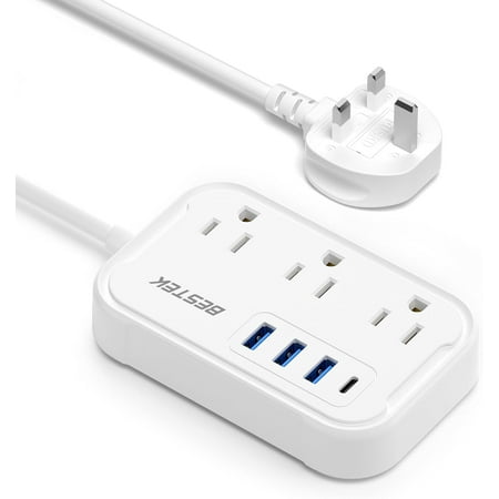 BESTEK UK Travel Plug Adapter: US to UK Plug Adapter - Type G Adapter and Converter Power Strip with 3 AC Outlets and 4 USB(1 PD20W) - for USA to UK Ireland Scotland Hong Kong British London 2.6ft