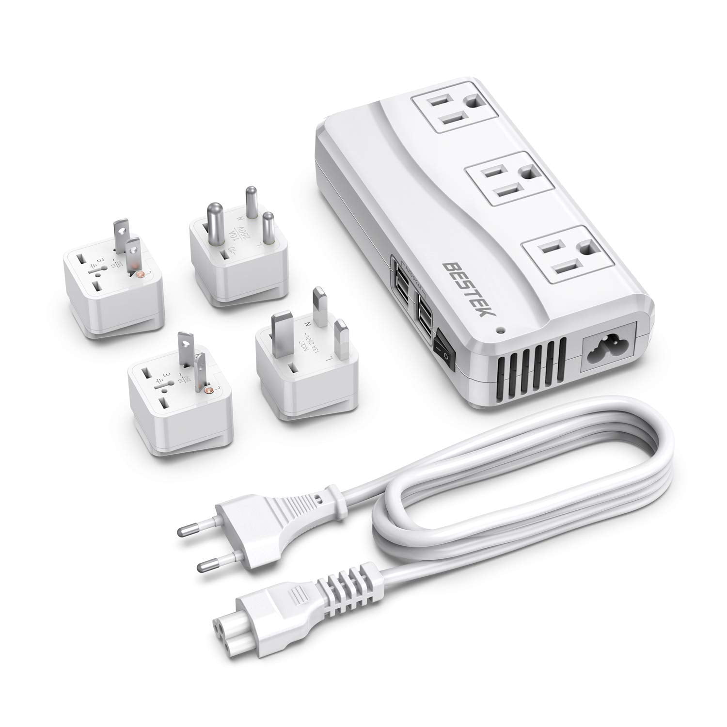 BESTEK 250W Universal Travel Adapter 100-220V to 110V Voltage Converter with 6A 4-Port USB Charging 3 AC Sockets and EU/UK/AU/US/India Plug Adapter (White)