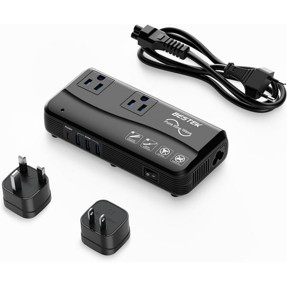 BESTEK Pure Sine Wave Voltage Converter 220V to 110V, 200W Universal Travel Adapter with 35W PD Port, 2 AC Outlets, EU/UK/IE/AU Plugs Travel Adapter