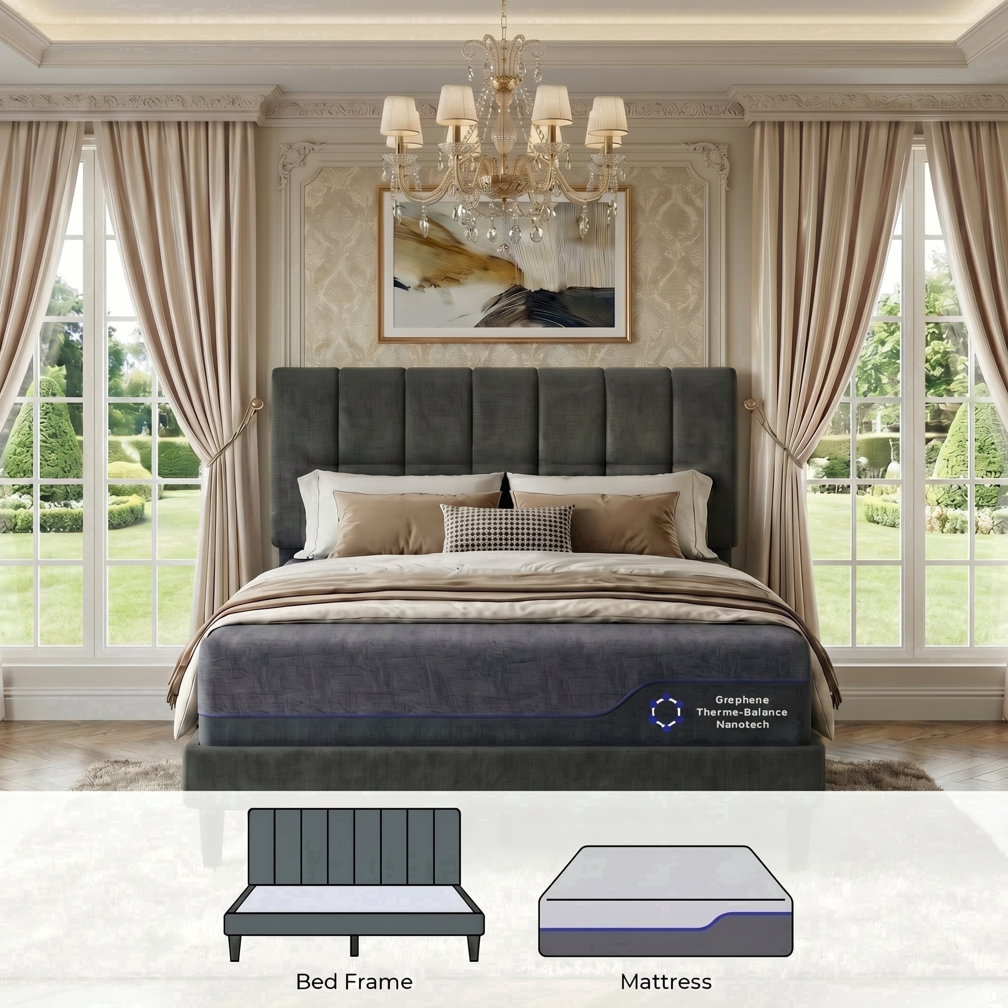CHITOOMA 2 Piece Bedroom Furniture Set,Queen Bed Frame,12'' Memory Foam Mattress,Adjustable Upholstered Headboard,Gel-Infused Triple-Layer Bed