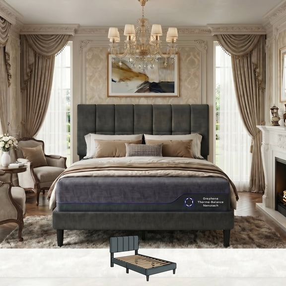 BESTERGO Full Bed Frame with Fully Upholstered Mattress Foundation,12 Thickened Legs, 3-Level Linen Adjustable Upholstered Headboard, No Box Spring Needed, Noise-Free, Up to 1300 lbs, Dark Grey