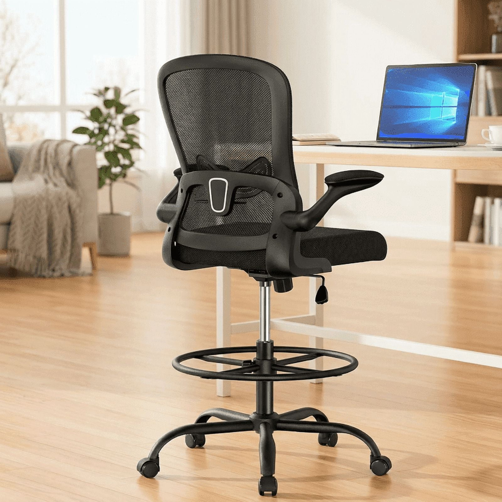 Kyspho Tall Drafting Chair with Flip-Up Armrests, Adjustable Foot Ring, Ergonomic High Office Chair with Lumbar Support, Height-Adjustable Standing Desk Chair