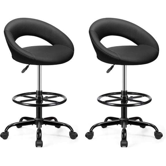 BESTFAIR Office Drafting Chair - Bar Stools with Back Support, Adjustable Foot Rest and Wheels, Shop Rolling Swivel Chair for Standing Desk Counter Kitchen Salon Home Vanity, Black 2 Pack