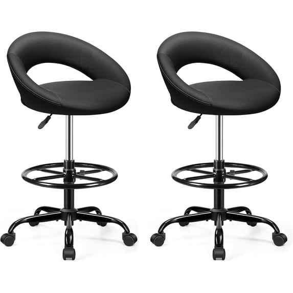 BESTFAIR Office Drafting Chair - Bar Stools with Back Support, Adjustable Foot Rest and Wheels, Shop Rolling Swivel Chair for Standing Desk Counter Kitchen Salon Home Vanity, Black 2 Pack
