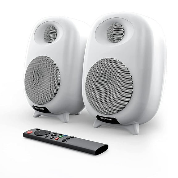 BESTISAN Powered Bookshelf Speakers, Bluetooth speakers for Computer/TV/gaming, Speakers with Optical/RCA inputs for Record Player, 3EQ Mode, Remote Control, White
