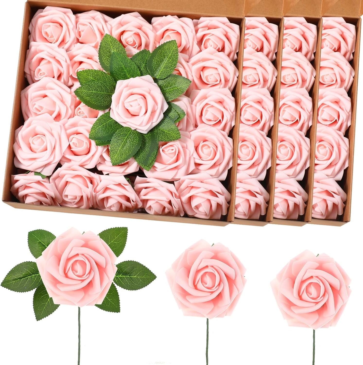 BESTKITTY 100 Pcs Arti Real Lo Rose Flowers Foam Fake Roses with Leaves ...