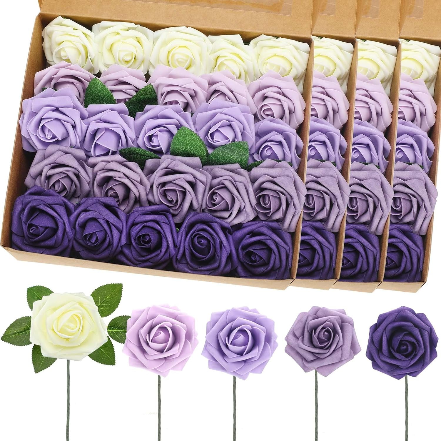 BESTKITTY 100 Pcs Arti Real Lo Rose Flowers Foam Fake Roses with Leaves ...