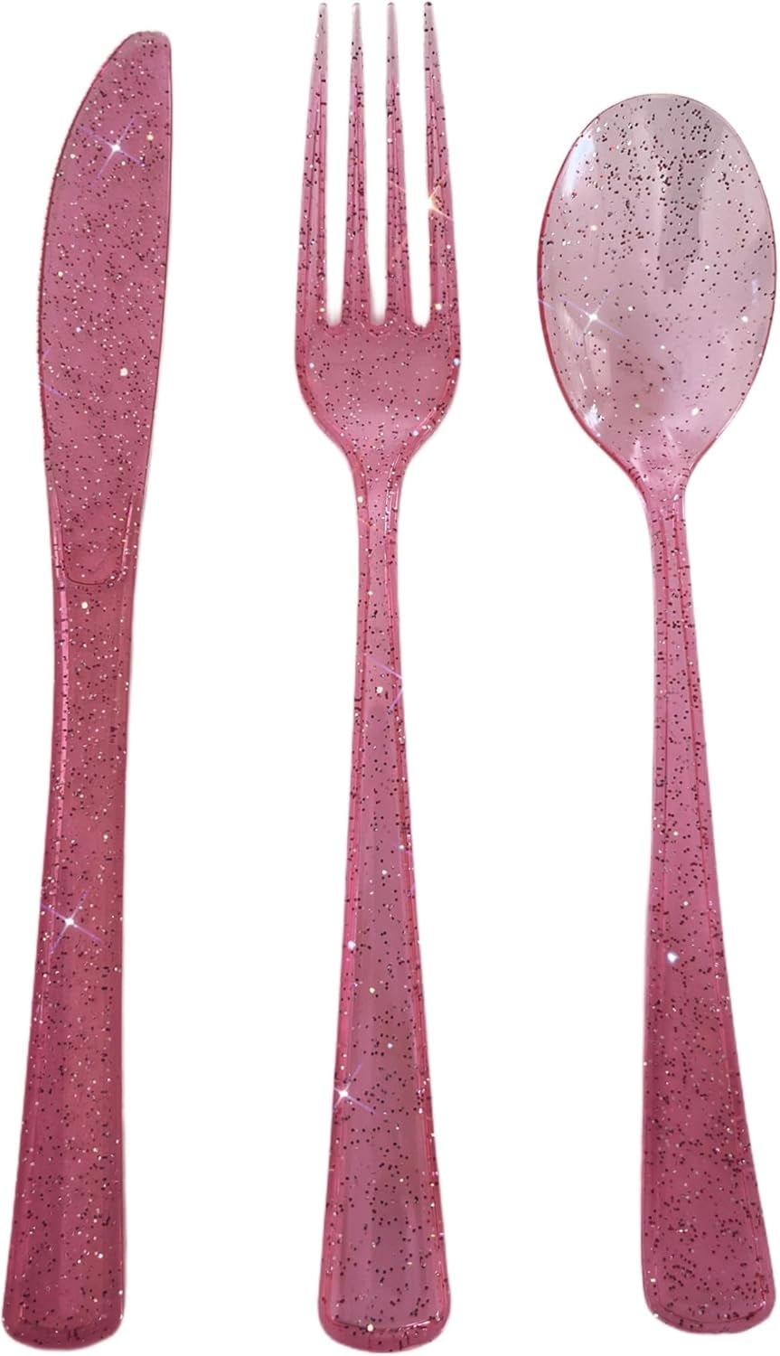 BESTKITTY 24 PINK Plast Silverware Set | Glitter Pink Cutlery | Glitter ...