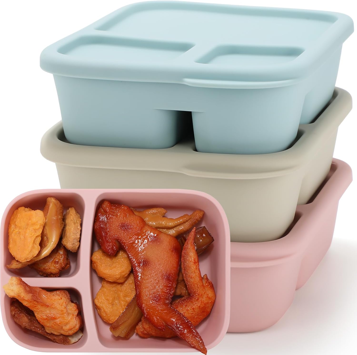 Divided Process Box BESTKITTY 3 Pa Leakof Silone Bento Lun Boxes with Lid 3 Compartments ...