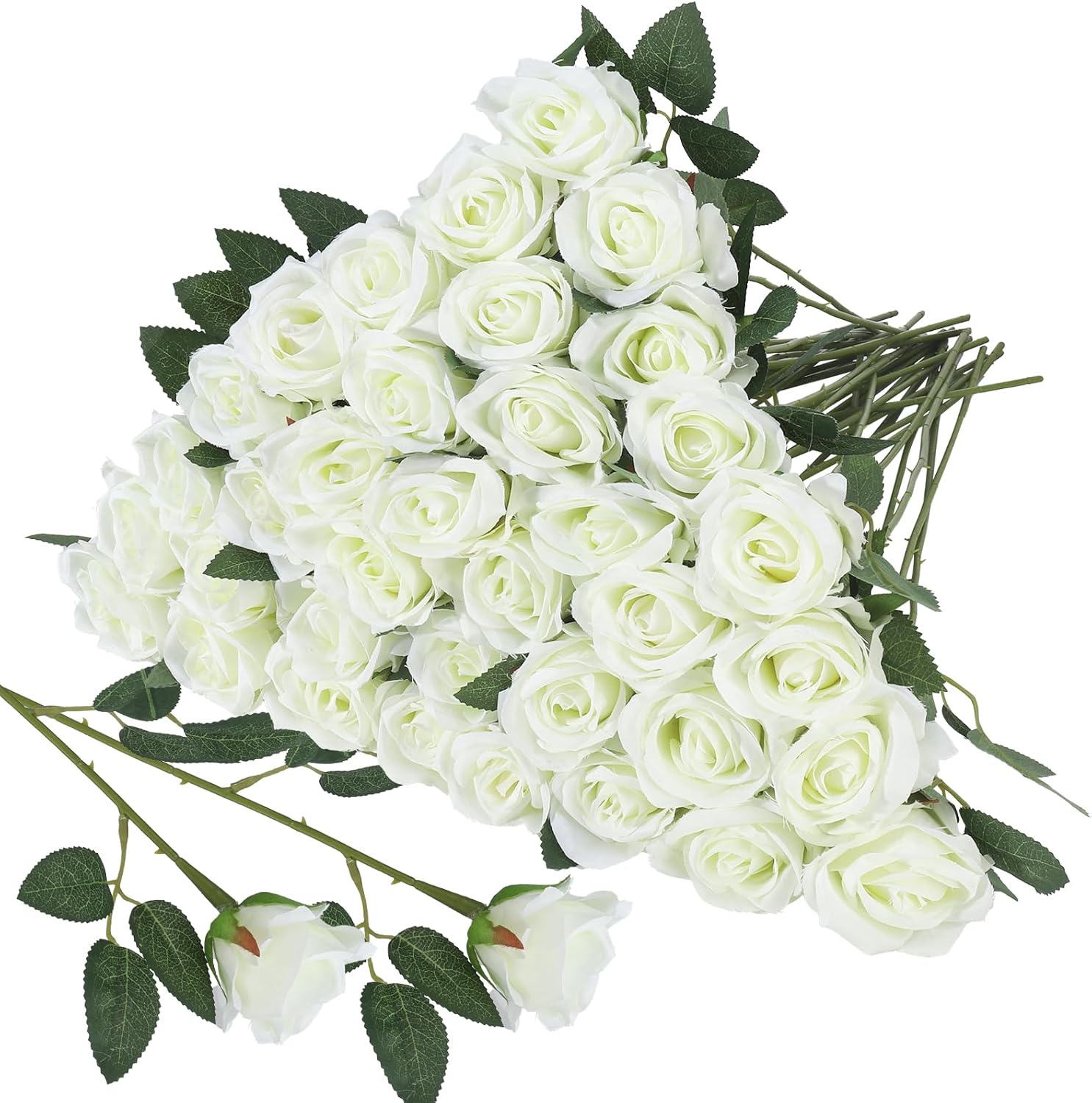 BESTKITTY 36 Pcs Silk White Rose Bouquet Bridal Arti,Fake Rose Long ...