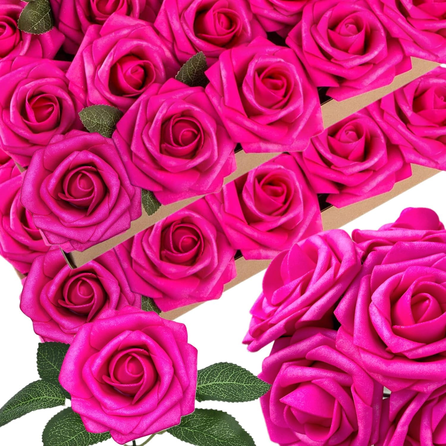 BESTKITTY 50pcs Hot Pink Arti Fusia Foam Fake Rose with Stems 12 Leaves ...