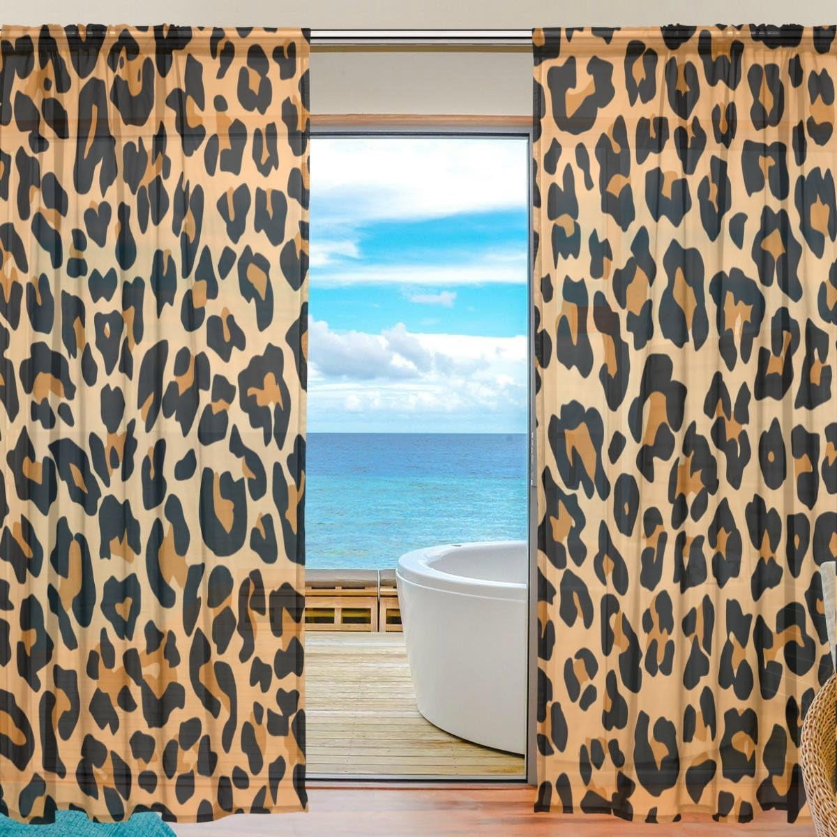 Leopard Print Light-Filtering Polyester Rod Pocket Curtains, 55x84 inches