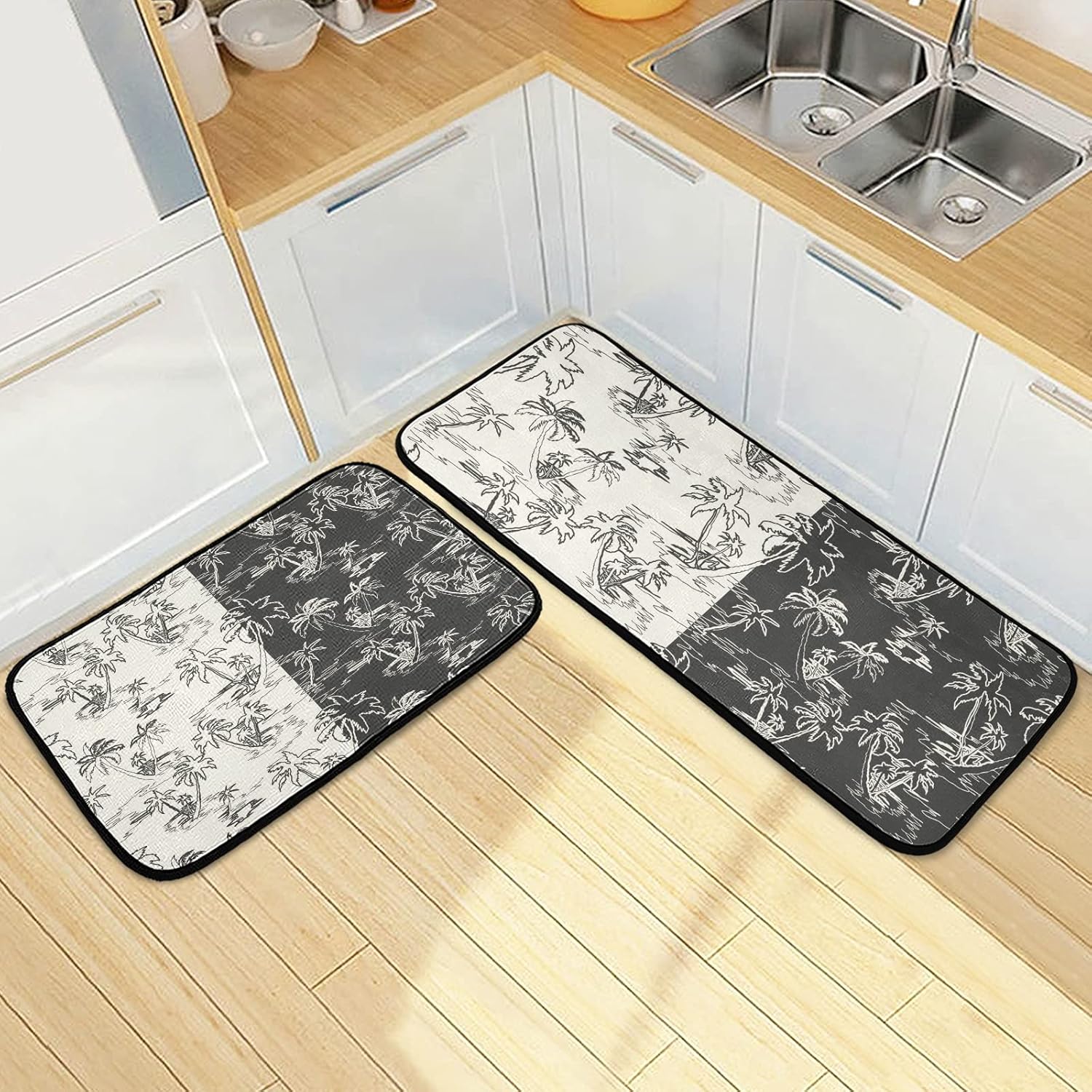 BESTKITTY Black Beige Palm Tree Print Kitchen Mat Set of 2 Pieces Non