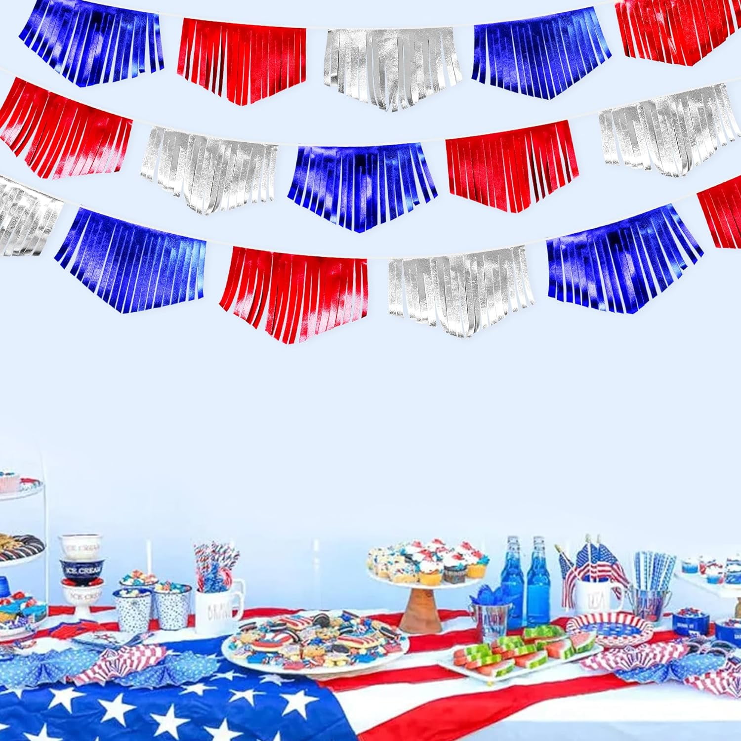 BESTKITTY Blue Red Silver Tassel Banner Met Fabr ant Bunting Flag for ...