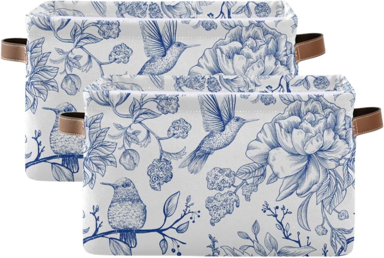 BESTKITTY Chinoiserie Blue Floral Birds Closet Storage Bins with PU