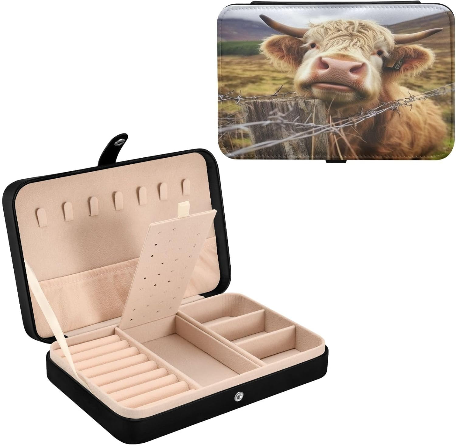 BESTKITTY Cute Highland Cattle Travel Jewelry Box,Portable PU Leather