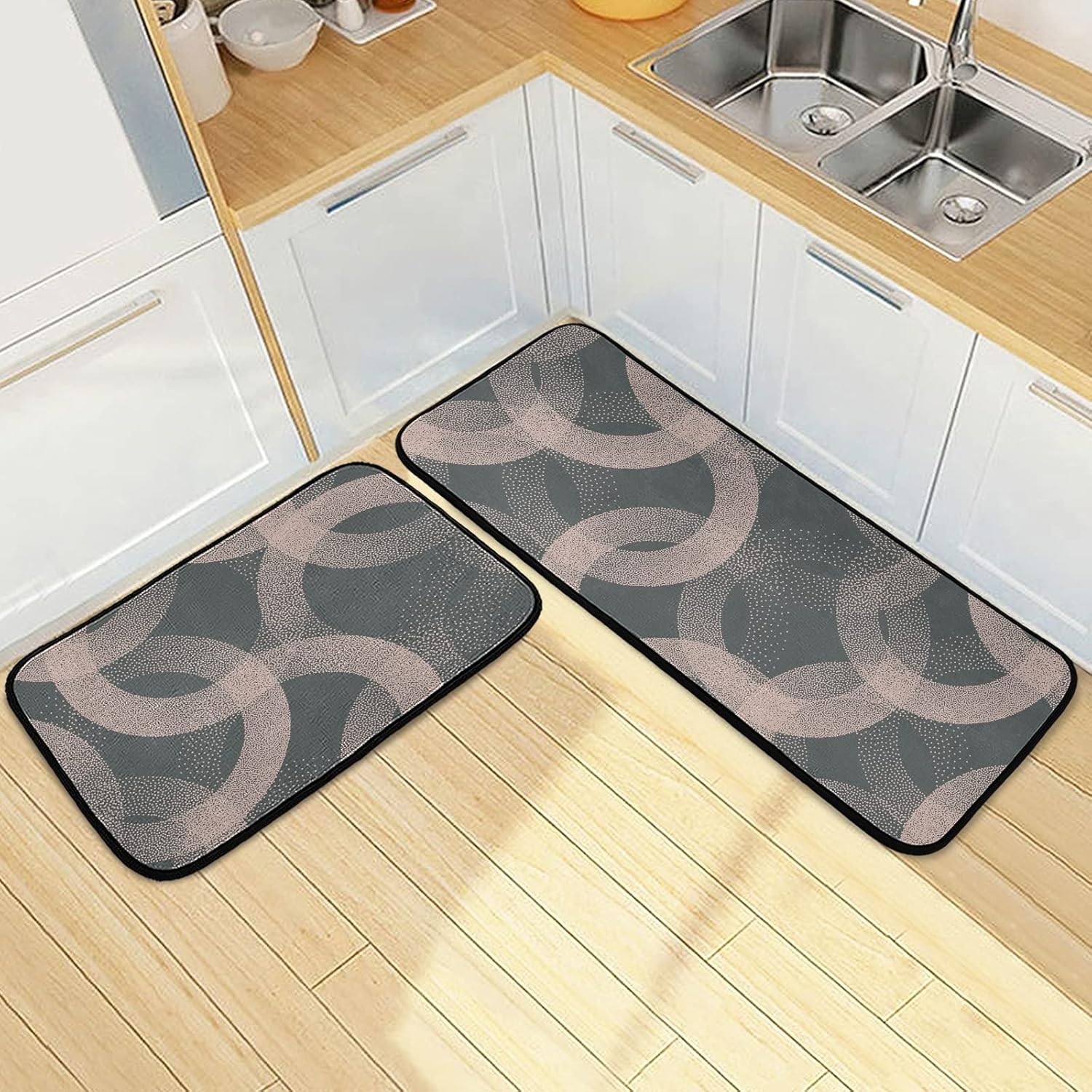 BESTKITTY Grunge Circle Texture Kitchen Mat Set of 2 Pieces NonSlip