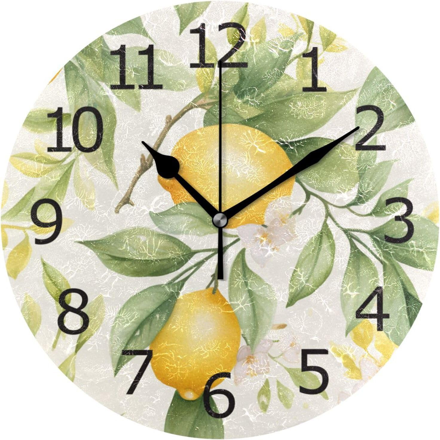 BESTKITTY Hand Drawn Lemons Floral Clock Acrylic Painted Silent Non