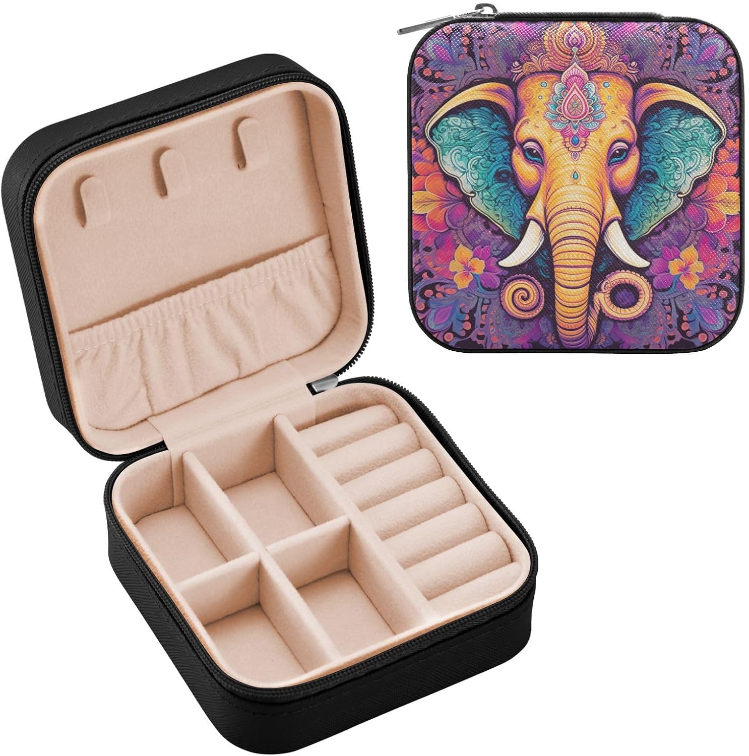 BESTKITTY Indian Elephant Travel Jewelry Case PU Leather Mini Jewelry