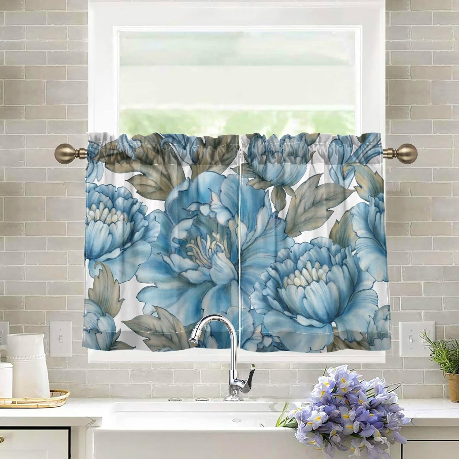 BESTKITTY Retro Colors Blue Peonies Tier Curtains, Window Kitchen