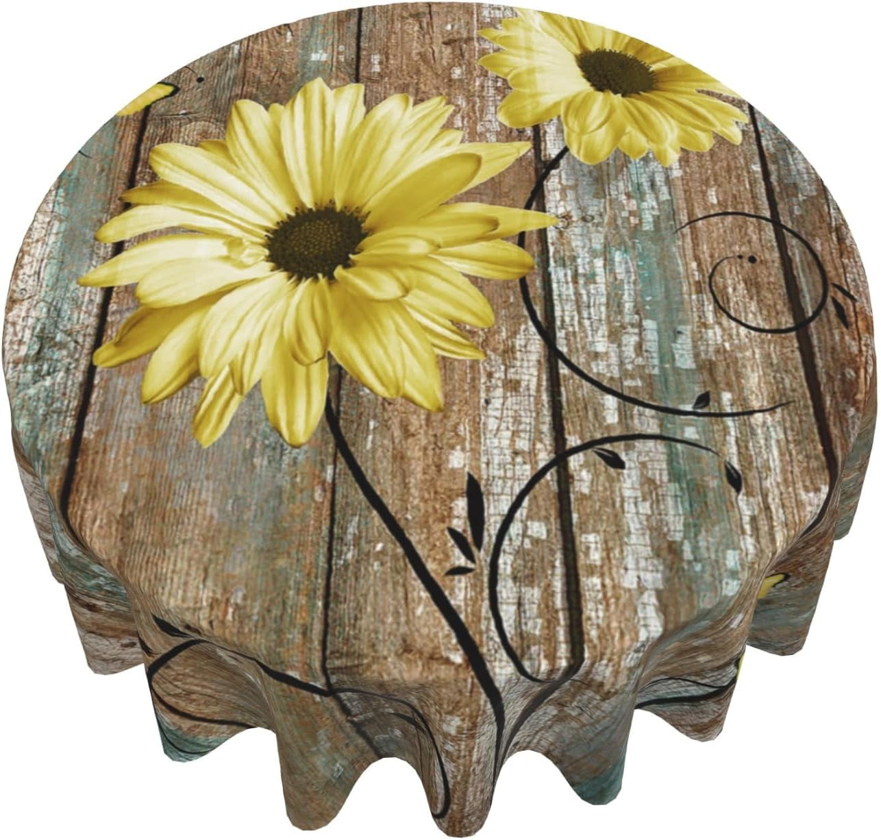 BESTKITTY Rust Daisy Round Tablecloth 60 In Vintage Yellow Sunflowers ...