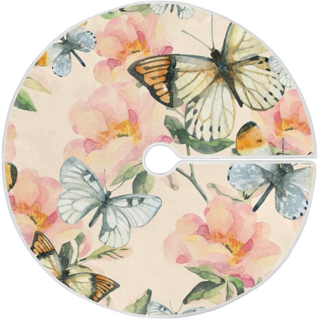 BESTKITTY Watercolor Butterfly Flowers Christmas Tree Skirt, 36 Inches