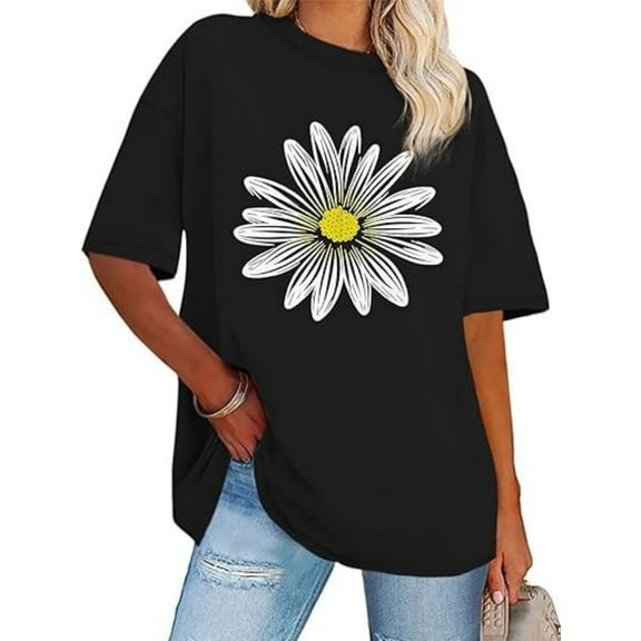 BESTLUCKY Boho - Chic Women's Sunflower T - Shirt: Floral Graphic, Loose Fit, Crew Neck for Summer Outings
