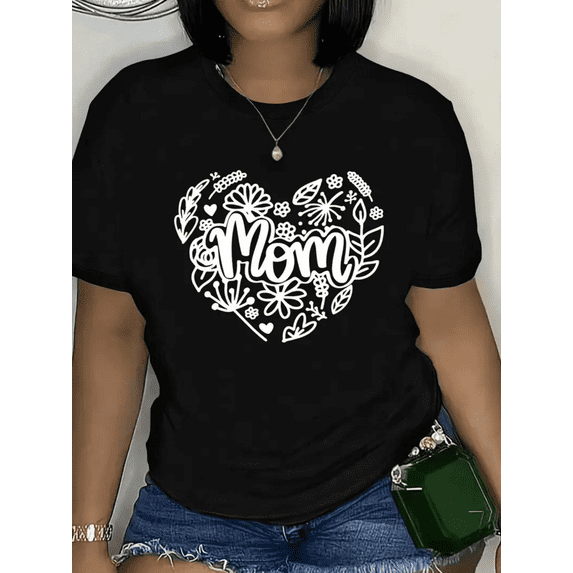 BESTLUCKY Chic "MOM" monogram printed Heart T-shirt - dark gray short-sleeved crew neck women's casual top, plus size, spring/summer collection, Mother's Day gift | heart print shirt