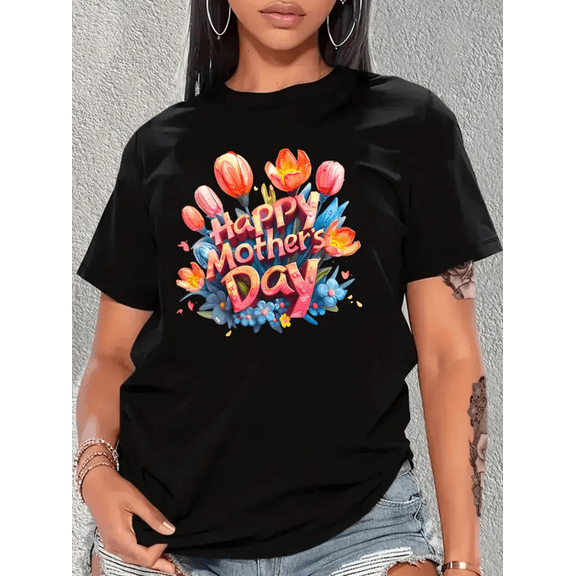 BESTLUCKY Happy Mother's Day Floral Print T-shirt for women - casual crew neck T-shirt with vibrant tulip and floral designs, short sleeve, women's T-shirt