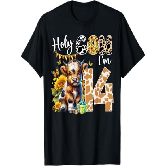 BESTLUCKY Holy Cow I’m 14 Years Old Dairy Cow Sunflowers 14th Birthday T-Shirt