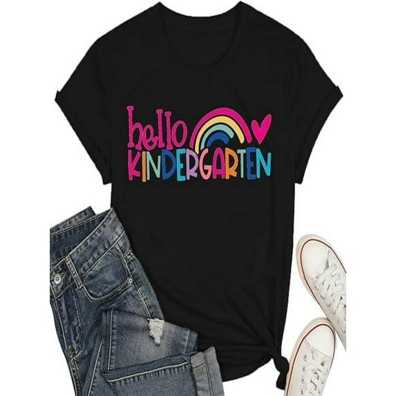 BESTLUCKY Kindergarten Teacher Shirts for Women Rainbow Kindergarten Teacher T-Shirt Hello Kindergarten Tee Tops