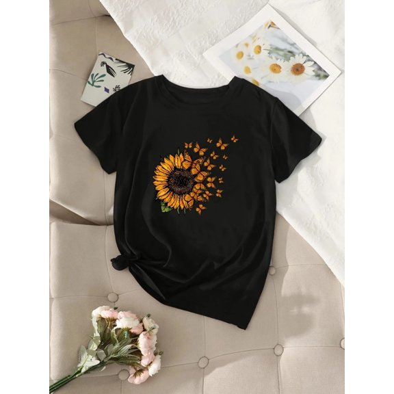 BESTLUCKY Plus Size Butterfly & Sunflower Print Short Sleeve Pullover T-shirt, Women's Plus Slight Stretch Round Neck Casual Tee