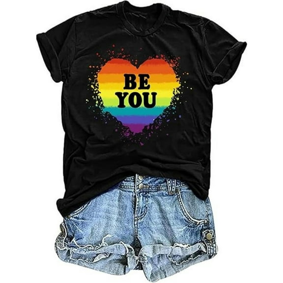 BESTLUCKY Rainbow Shirt Women Pride Shirt Rainbow Graphic Tees Shirts Letter Print Casual Short Sleeve Tops