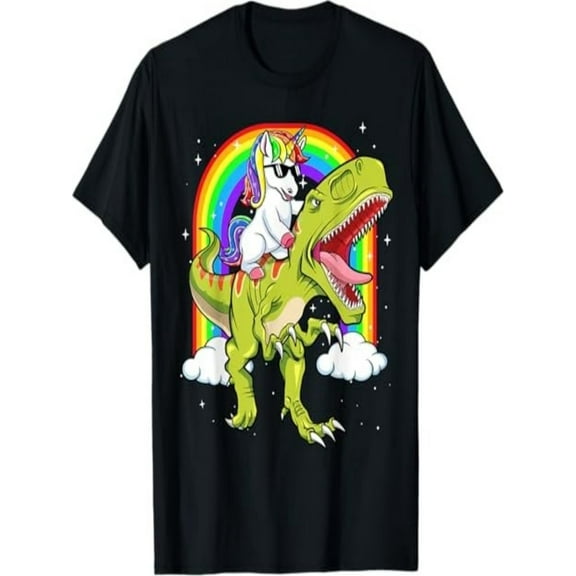 BESTLUCKY Rainbow Unicorn Riding T rex - Dinosaur Boys Girls Men Women T-Shirt