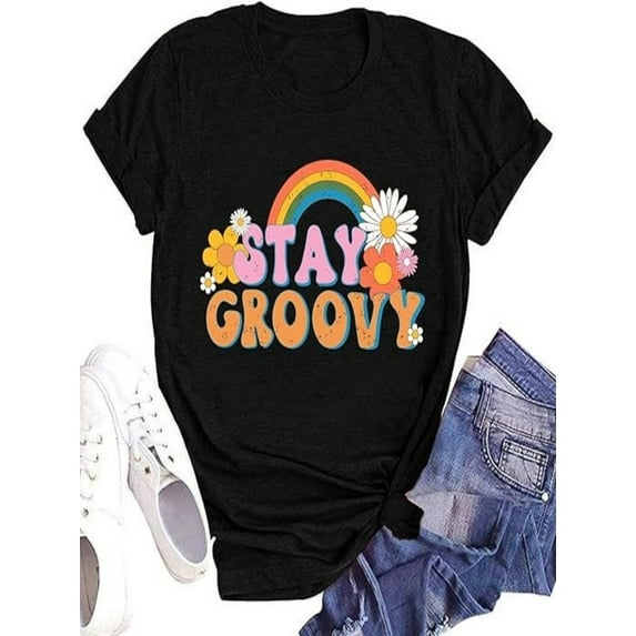 BESTLUCKY Stay Groovy Shirt for Womens Floral Graphic Retro Shirts Hippie 70s Tee Summer Tee Tops