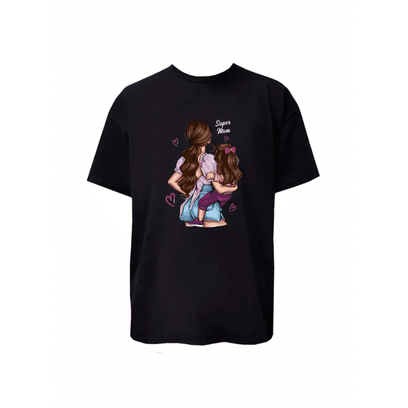 BESTLUCKY Super Mom Graphic T-shirt - Black casual men's and women's T-shirt, warm mother-daughter design, the perfect gift for Mother's Day, Easter and St. Patrick's Day, Mother's Day gift for mom