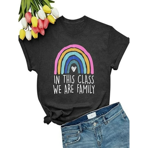 BESTLUCKY Teacher Shirts for Women Cut Rainbow in This Class We are Family Graphic Tee Teachers Gift Teach Inspire T-Shirt
