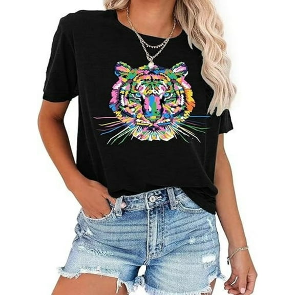 BESTLUCKY Tie Dye Shirt Womens Animal Tiger Graphic Tees Tops Summer Casual Loose Short Sleeve T-Shirt Blouse