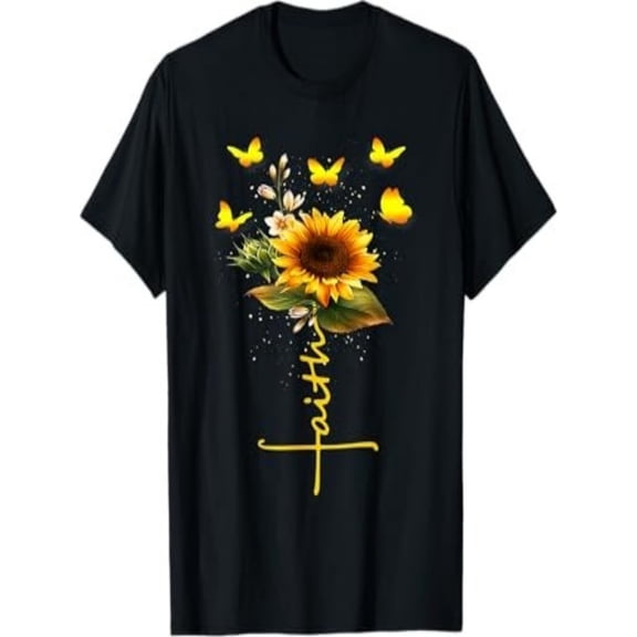 BESTLUCKY Vintage Faith Cross Sunflower Butterflies Flowers Christians T-Shirt