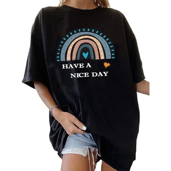 BESTLUCKY Women Vintage Graphic Rainbow Heart Print Short Sleeve T Shirt Summer Casual Girls Tee Tops