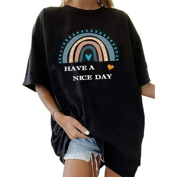 BESTLUCKY Women Vintage Graphic Rainbow Heart Print Short Sleeve T Shirt Summer Casual Girls Tee Tops